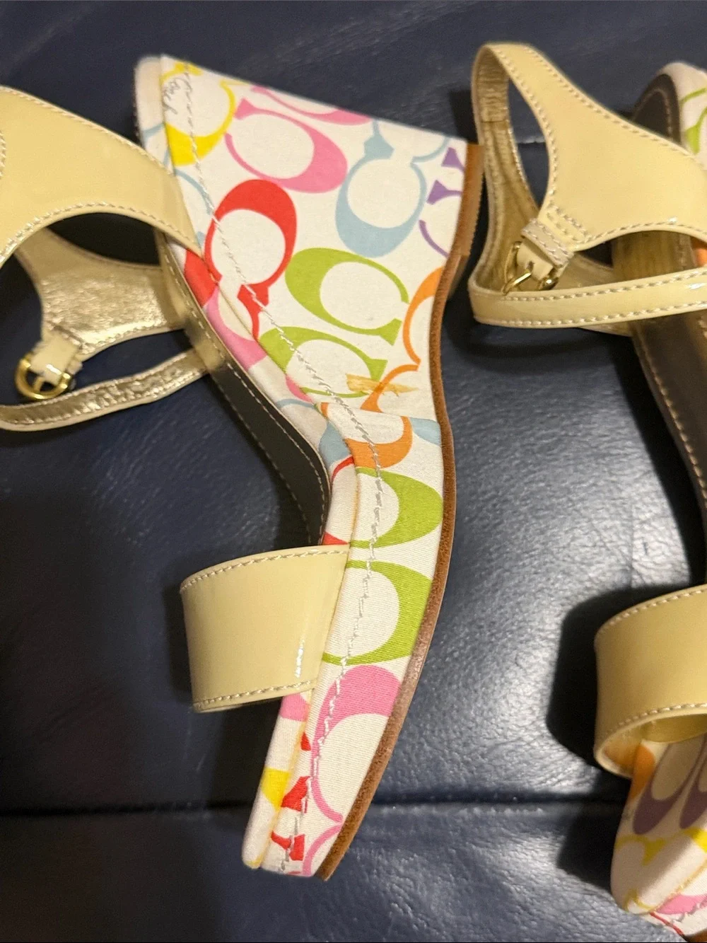 Coach Cream Patent Leather Slingback Sandals with Multicolor Insole